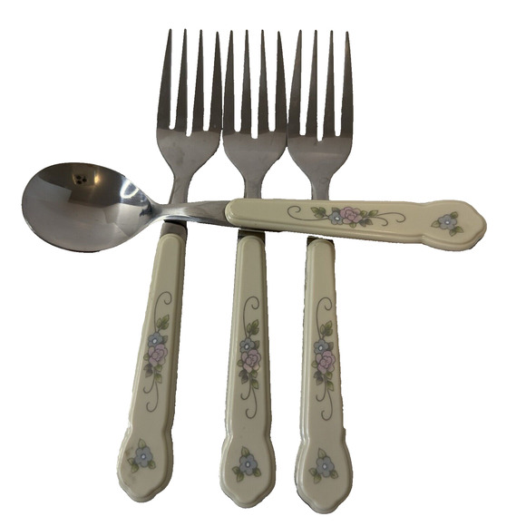 Pfaltzgraff Tea Rose Stainless Flatware set 3 forks 1 teaspoon Taiwan floral - Picture 1 of 10